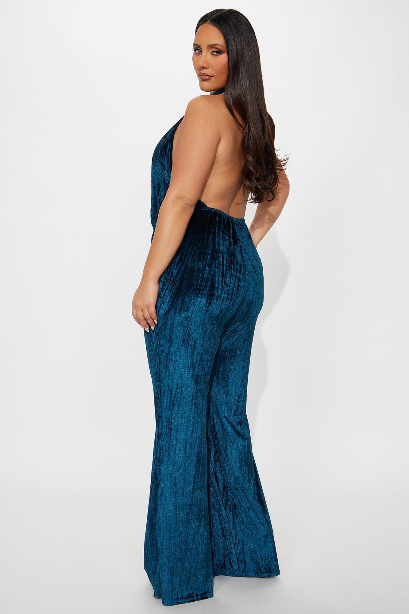 Leah Velvet Halter Flare Leg Jumpsuit - Teal Product Image