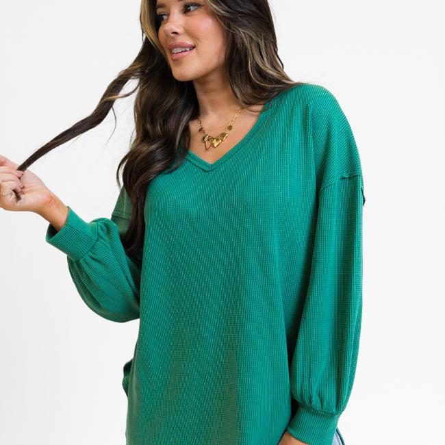 Sending Love Evergreen Oversized Waffle V-Neck Top FINAL SALE Product Image