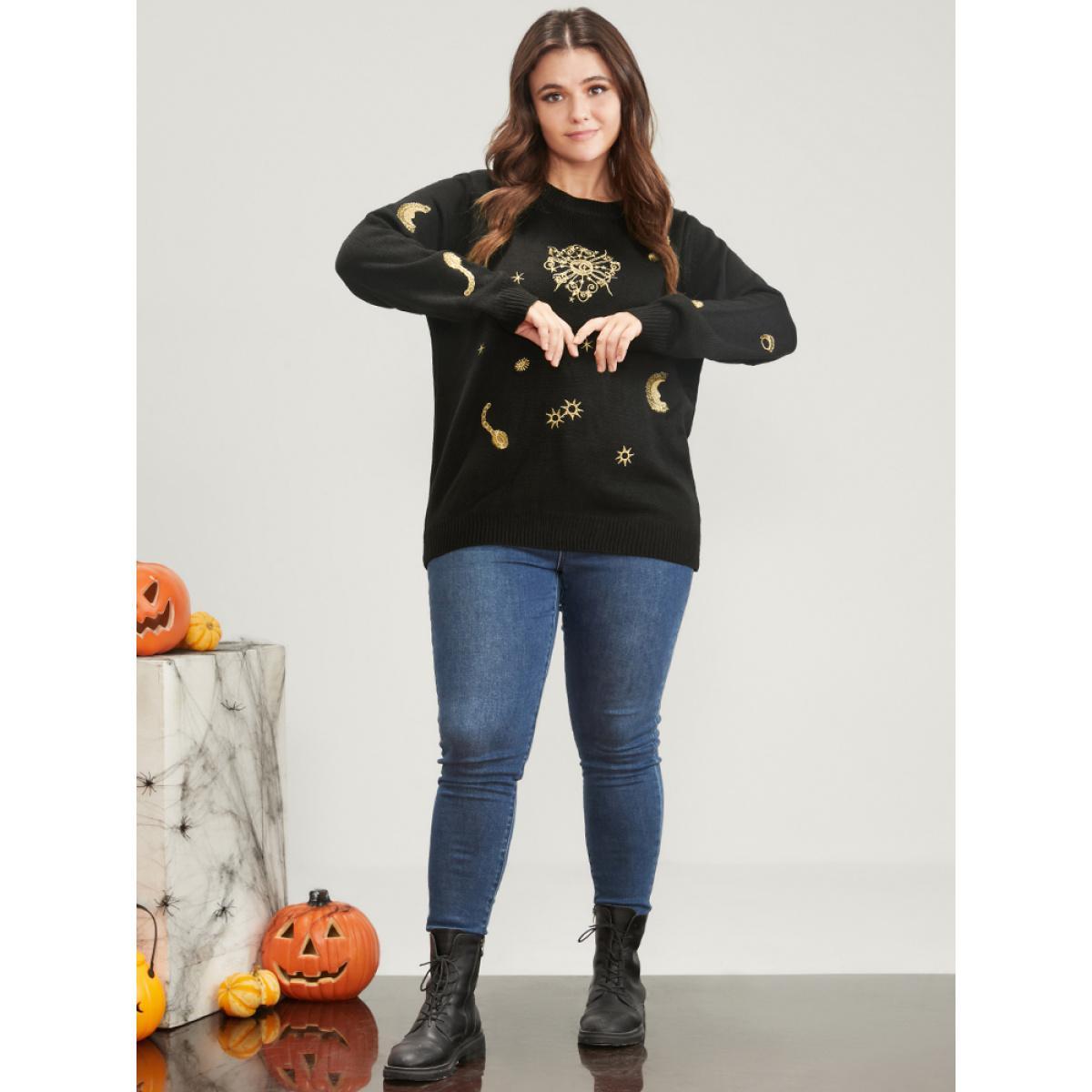 Plus Size Halloween Moon And Star Pointelle Knit Embroidered Knit Top Black Women Casual Loose Long Sleeve Round Neck Festival-Halloween Pullovers BloomChic 22-24/3X Product Image