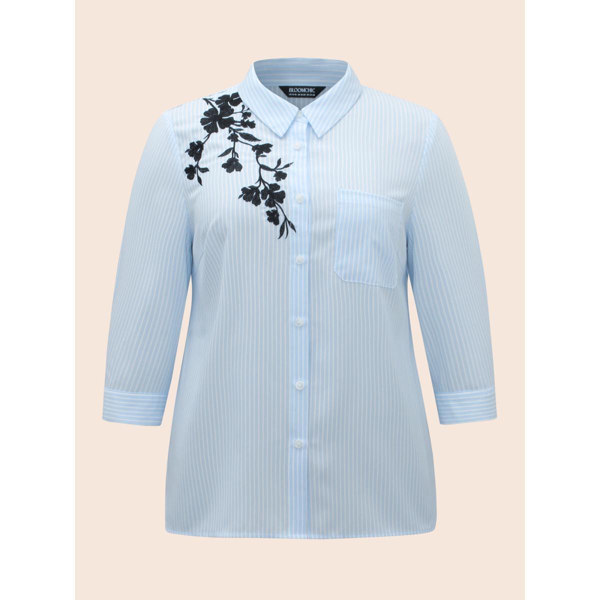 Plus Size LightBlue Floral Embroidered Striped Patched Pocket Blouse Women Elegant Elbow-length sleeve Shirt collar Everyday Blouses BloomChic 18-20/2X Product Image