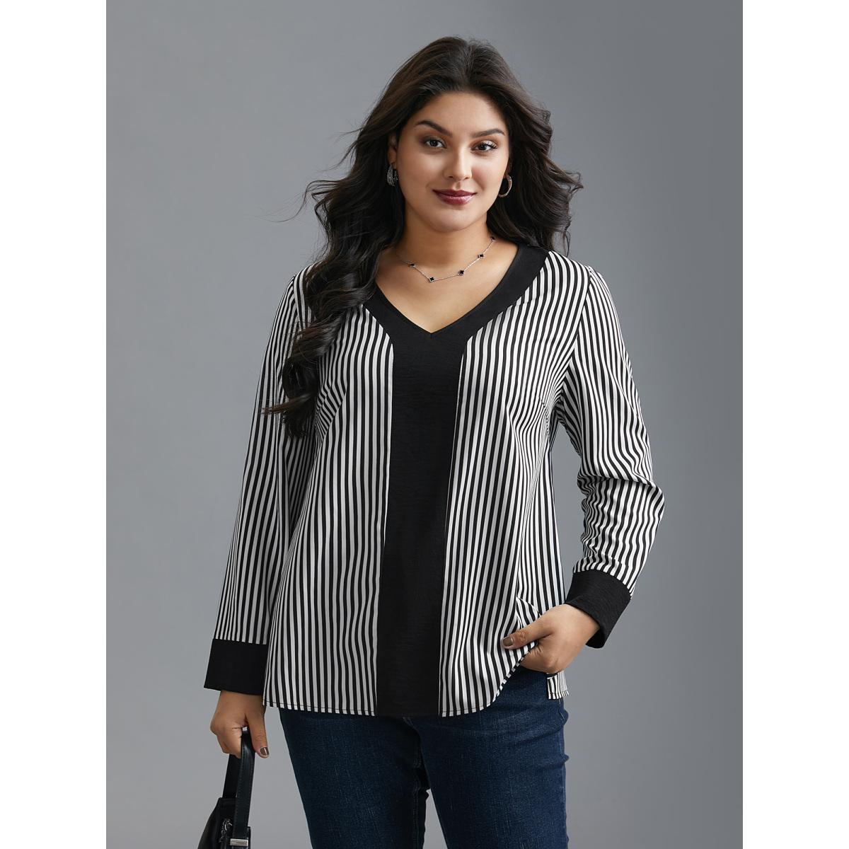 Plus Size Black V Neck Striped Patchwork Blouse Women At the Office Extra Long Sleeve V-neck Work Blouses BloomChic 22-24/3X Product Image