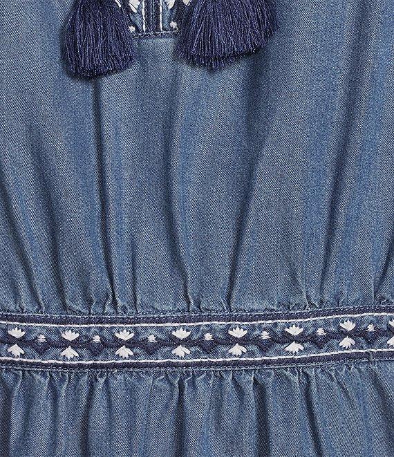 John Mark Petite Size Embroidered Split Tassel V-Neck 3/4 Flounce Sleeve Tiered Dress Product Image