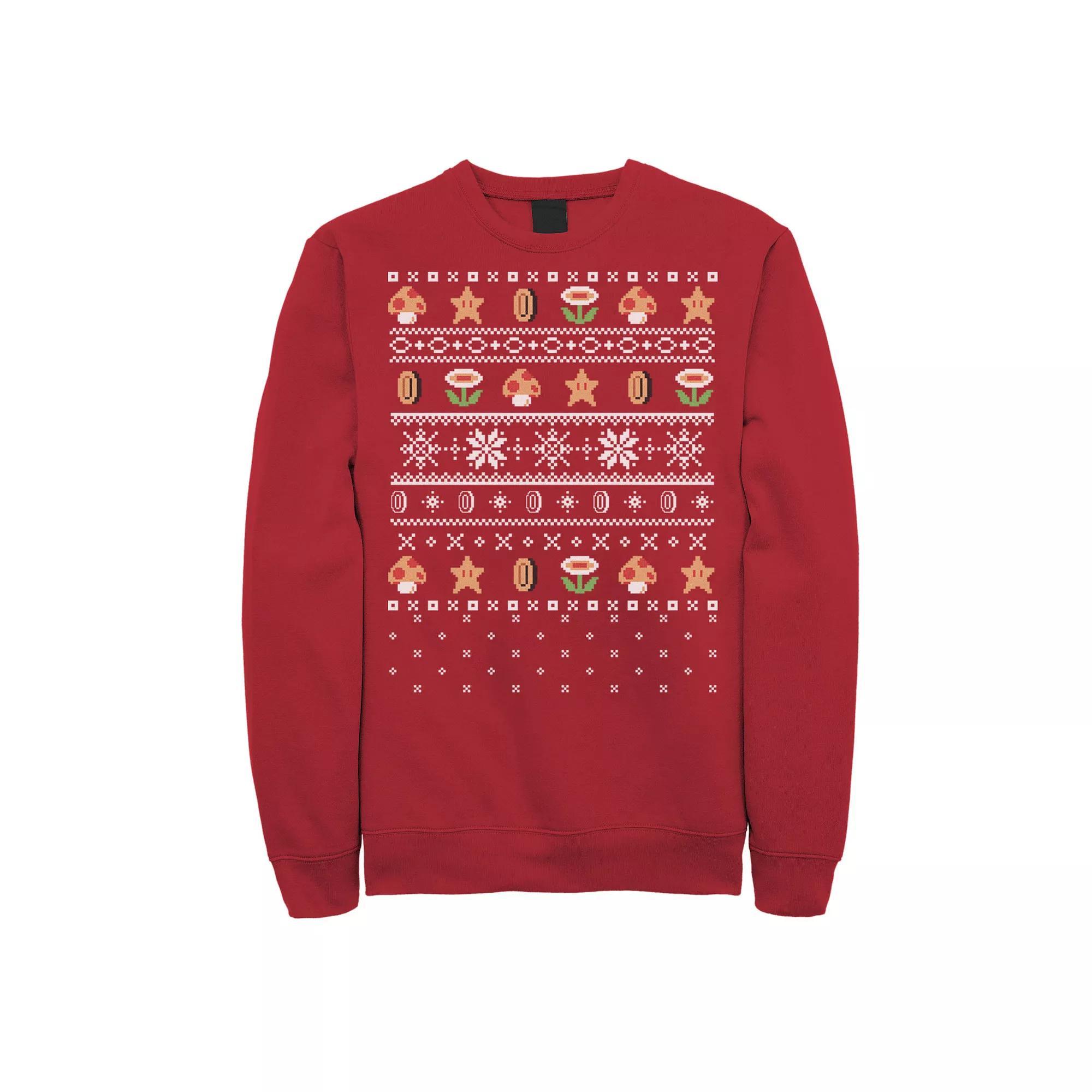 Men's Nintendo Super Mario Stars & Flowers Holiday Pattern Sweatshirt, Size: XXL, Red Product Image