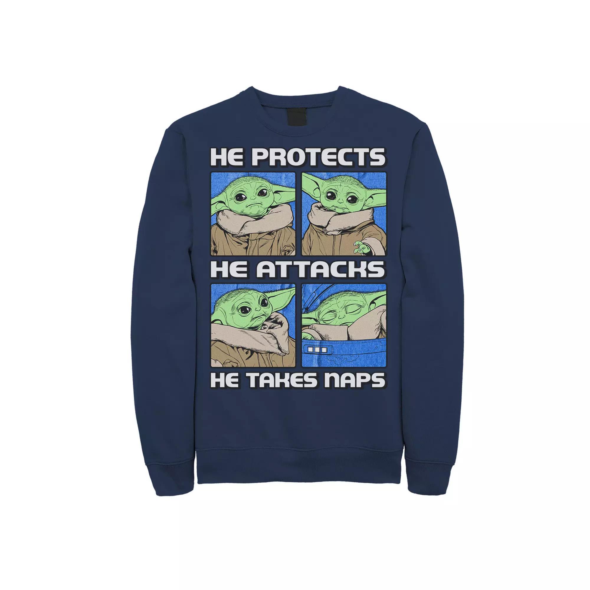 Men's Star Wars: The Mandalorian The Child "He Protects He Attacks He Takes Naps" Box Up Sweatshirt, Size: Small, Blue Product Image
