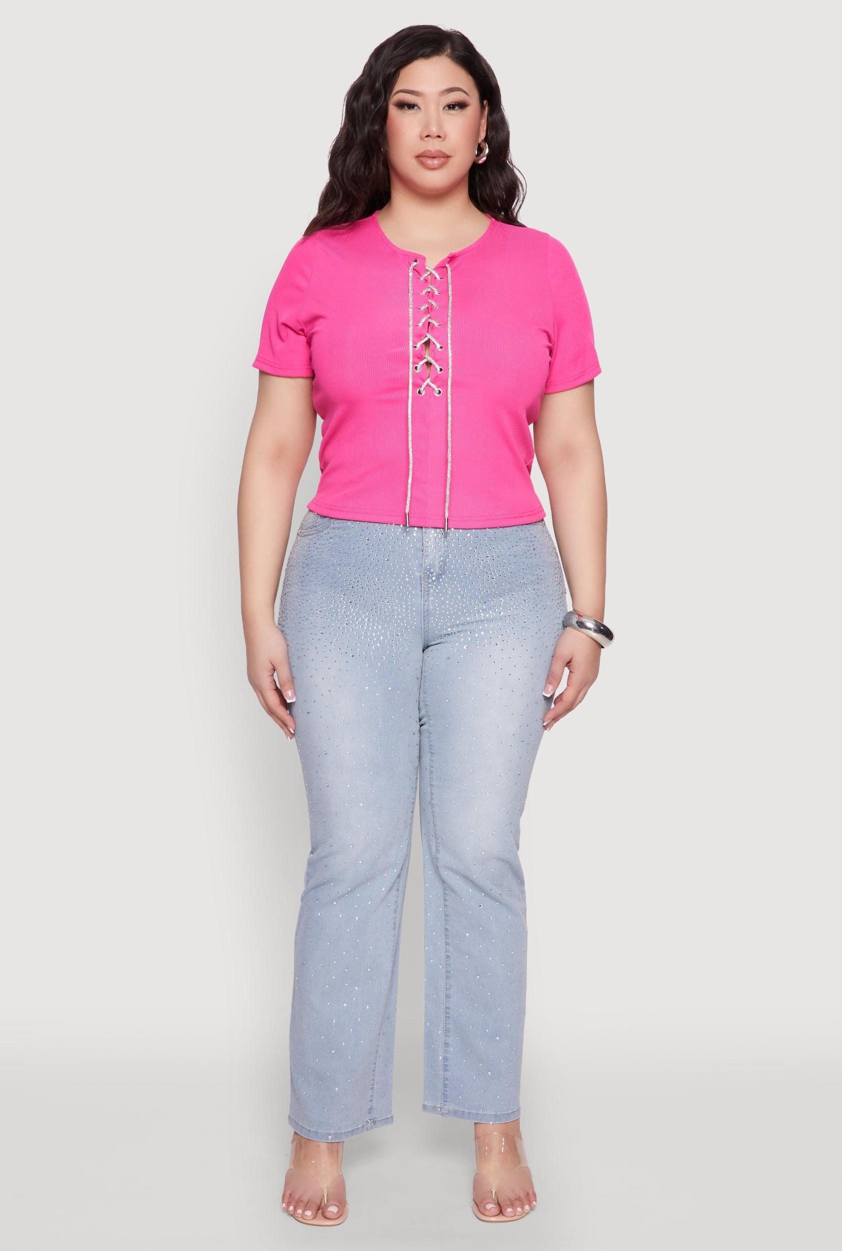 Womens Plus Size Rhinestone Lace Up Short Sleeve Top Product Image