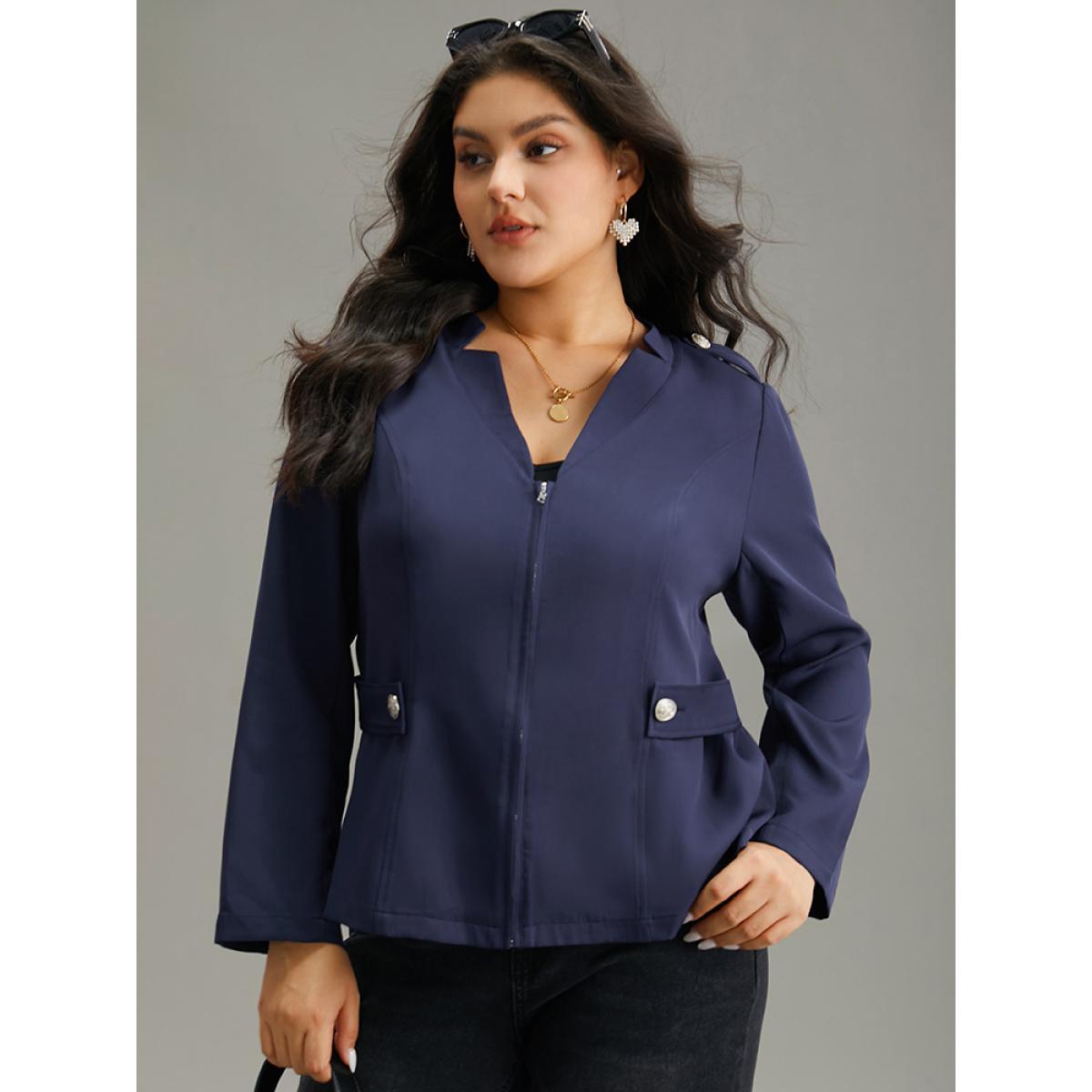 Plus Size Plain Button Detail Notched Zipper Blazer Indigo Women Work Plain Plain Sleeve Long Sleeve Notched collar 28/5X At the Office Blazers BloomChic Product Image