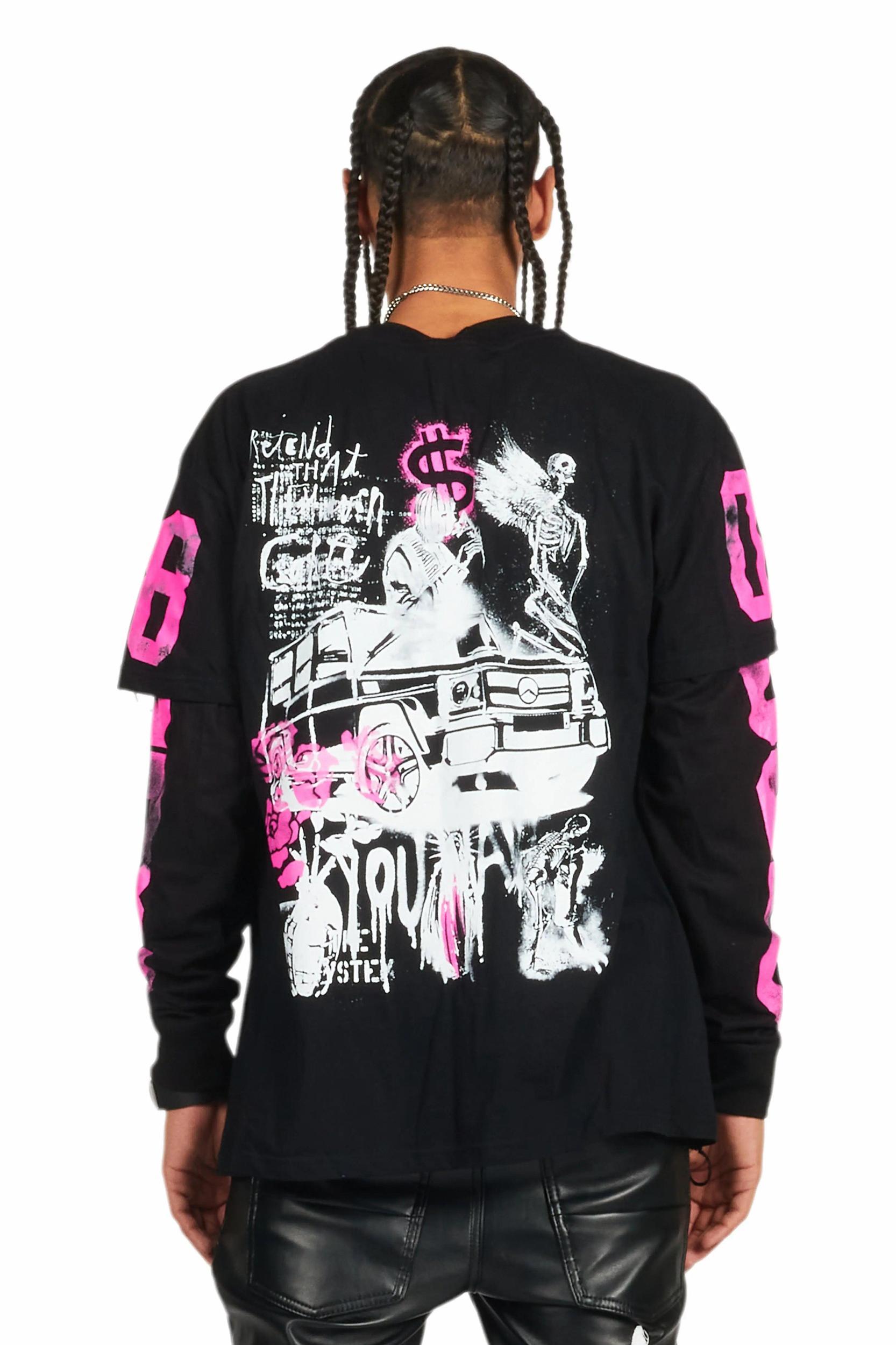 Grill Black/Pink Double Layer Long Sleeve Graphic T-Shirt Male Product Image