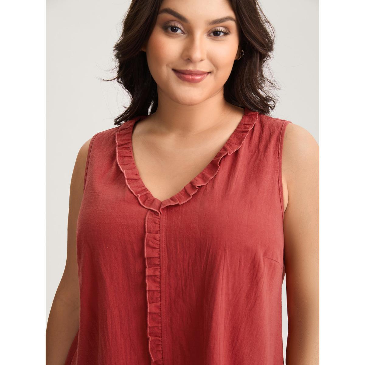 Plus Size Cotton Ruffled Edges V-Neck Tank Top Women Scarlet Frill Trim V-neck Everyday-Casual Tank Tops Camis BloomChic 14-16/1X Product Image
