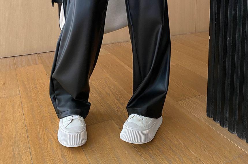 High Waist Plain Faux Leather Loose Fit Pants Product Image