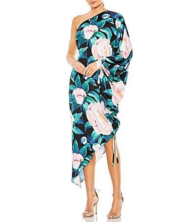 Mac Duggal Floral One Shoulder One Long Sleeve Asymmetrical Hem Dress Product Image