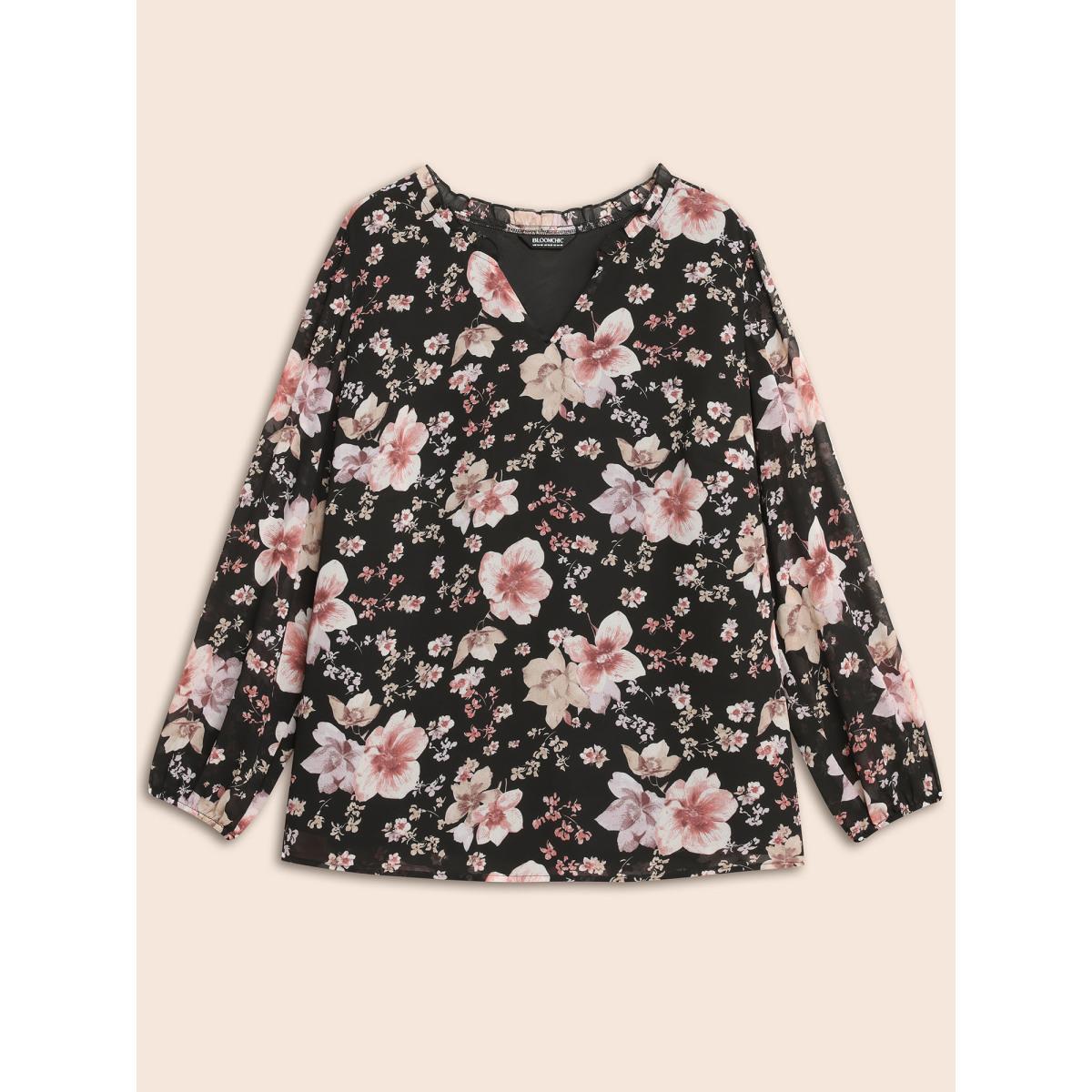 Plus Size Black Chiffon Floral Notched Ruffle Trim Blouse Women Elegant Long Sleeve Notched collar Everyday Blouses BloomChic 30/6X Product Image