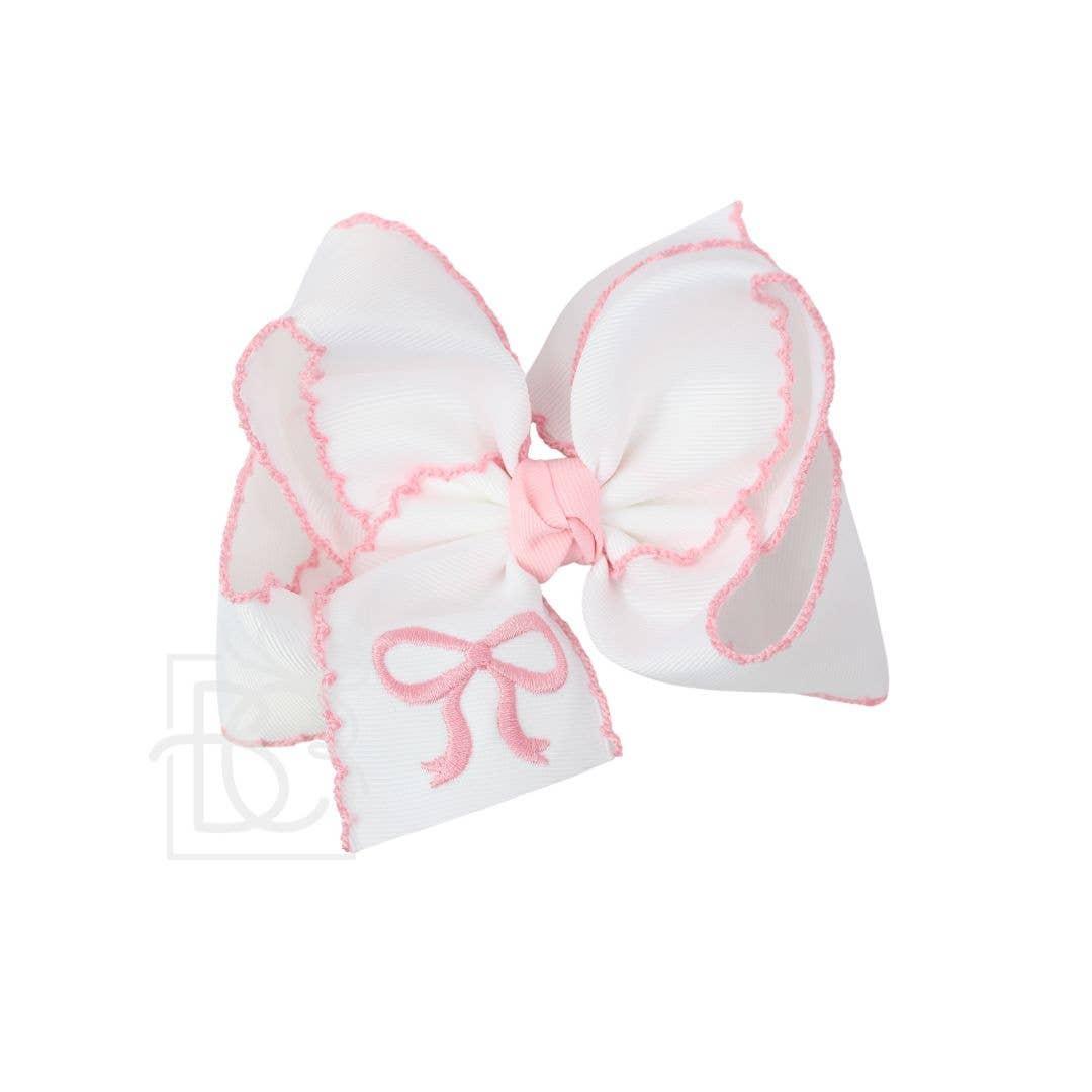 EMBROIDERED BOW CROCHET EDGE HAIR BOW ON ALLIGATOR CLIP : Light Pink w/ White Crochet Edge & Hot Pink Embroidered Bow / 5.5" Huge Product Image