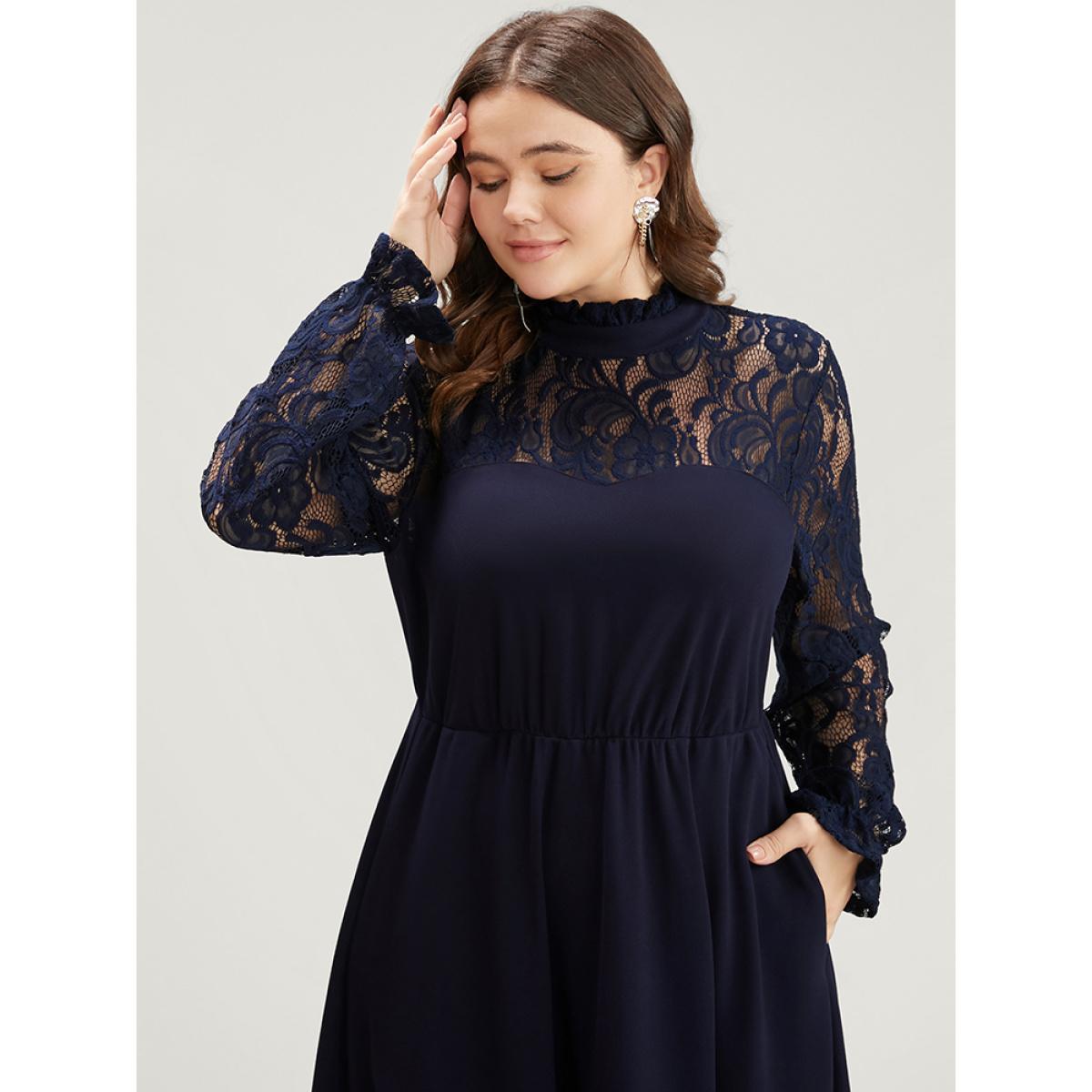 Plus Size Solid Contrast Lace Pocket Mock Neck Flutter Dress Without Belt Navy Women Glamour Patchwork Mock Neck Long Sleeve Curvy Midi Dress BloomChic 30/6X Product Image