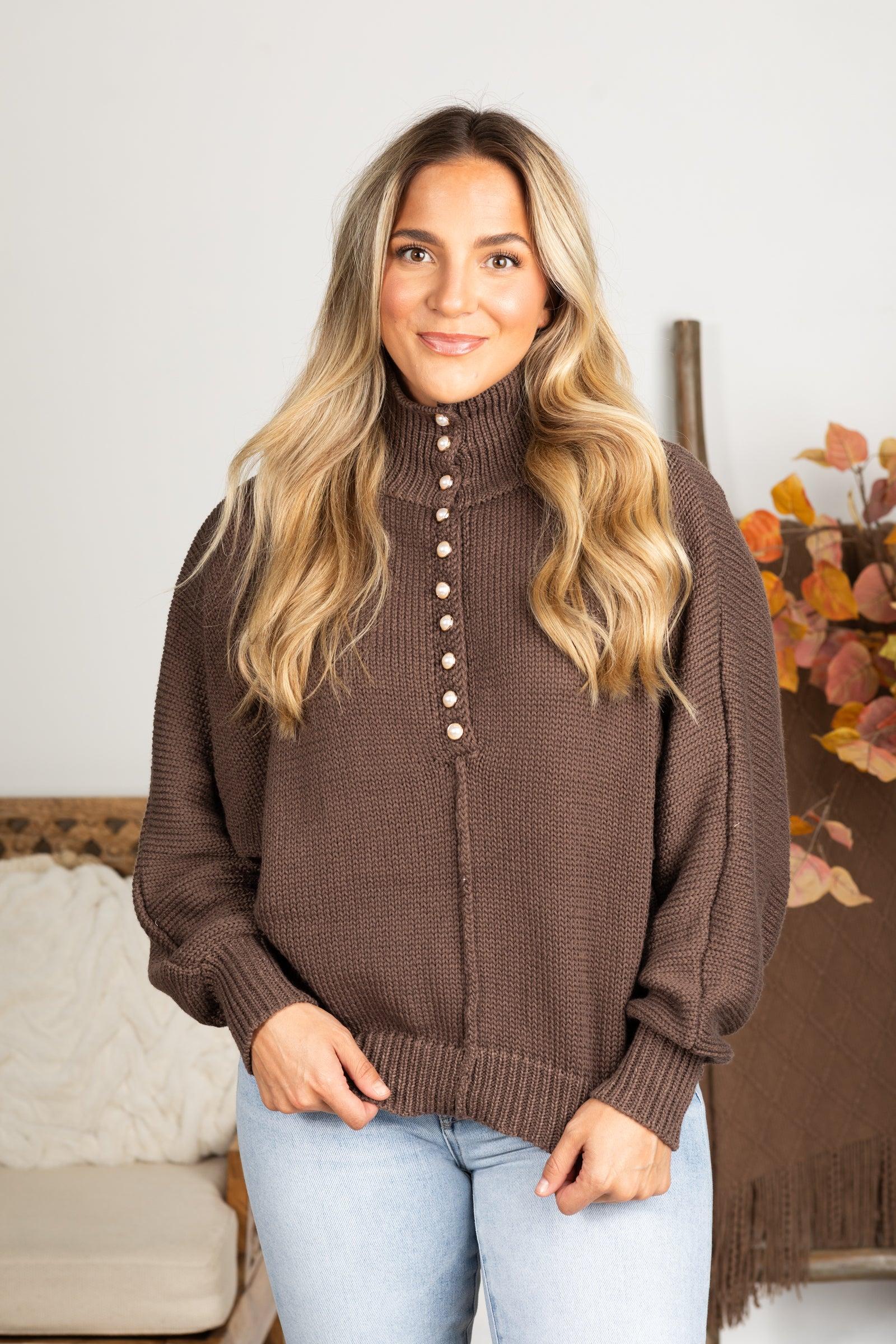 Dolman Sleeve Mock Neck Pearl Button Sweater Product Image