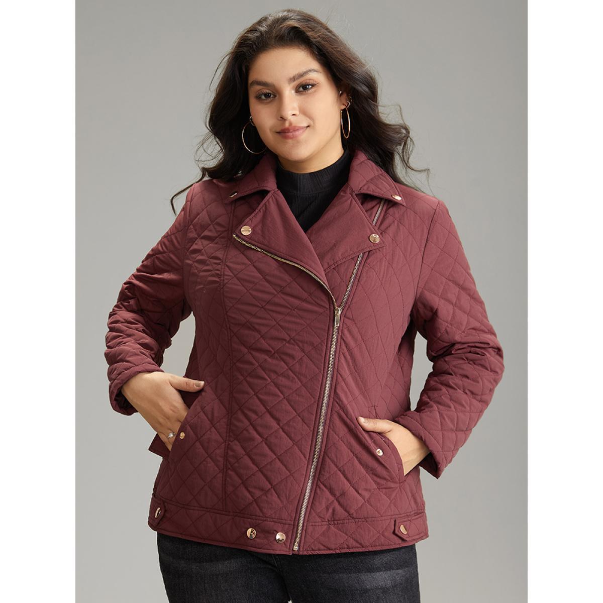 Plus Size Zipper Fly Quilted Button Detail Lapel Collar Jacket Women Burgundy Texture Pocket Dailywear Jackets BloomChic 22-24/3X Product Image