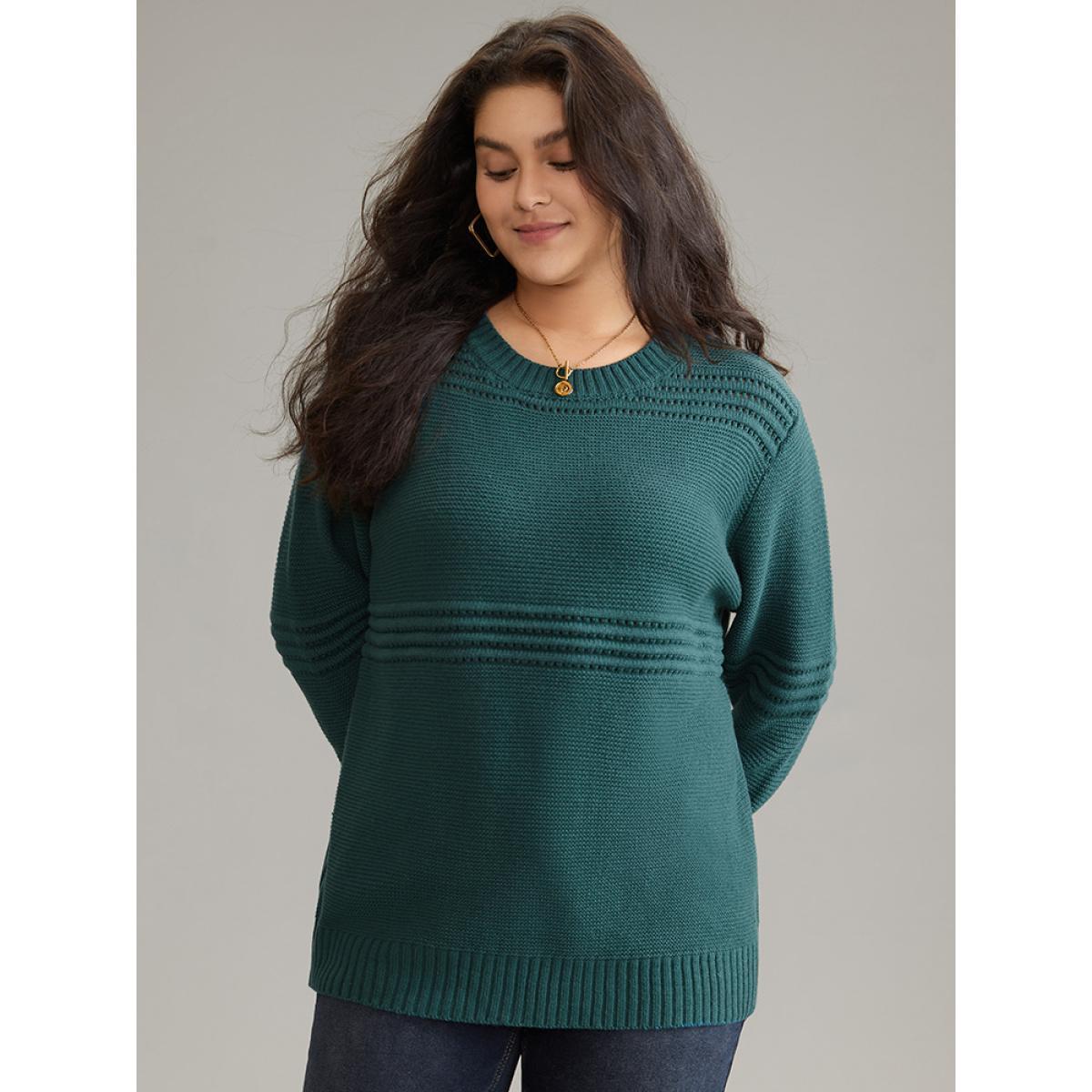 Plus Size Textured Plain Loose Elastic Cuffs Pullover Cyan Women Casual Loose Long Sleeve Round Neck Dailywear Pullovers BloomChic 18-20/2X Product Image