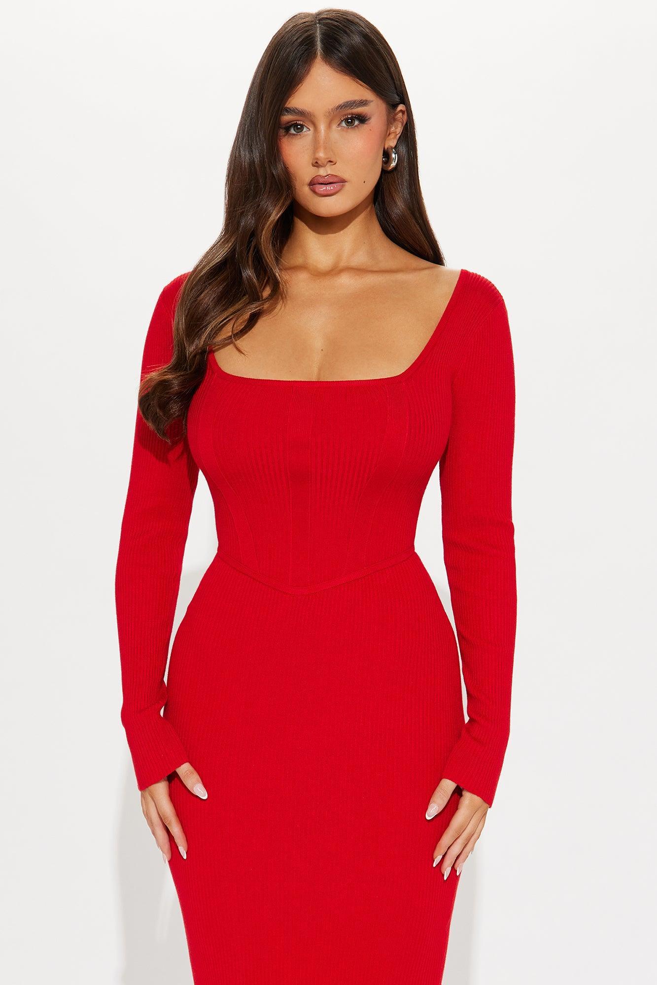 Evelynne Sweater Midi Dress - Red Product Image
