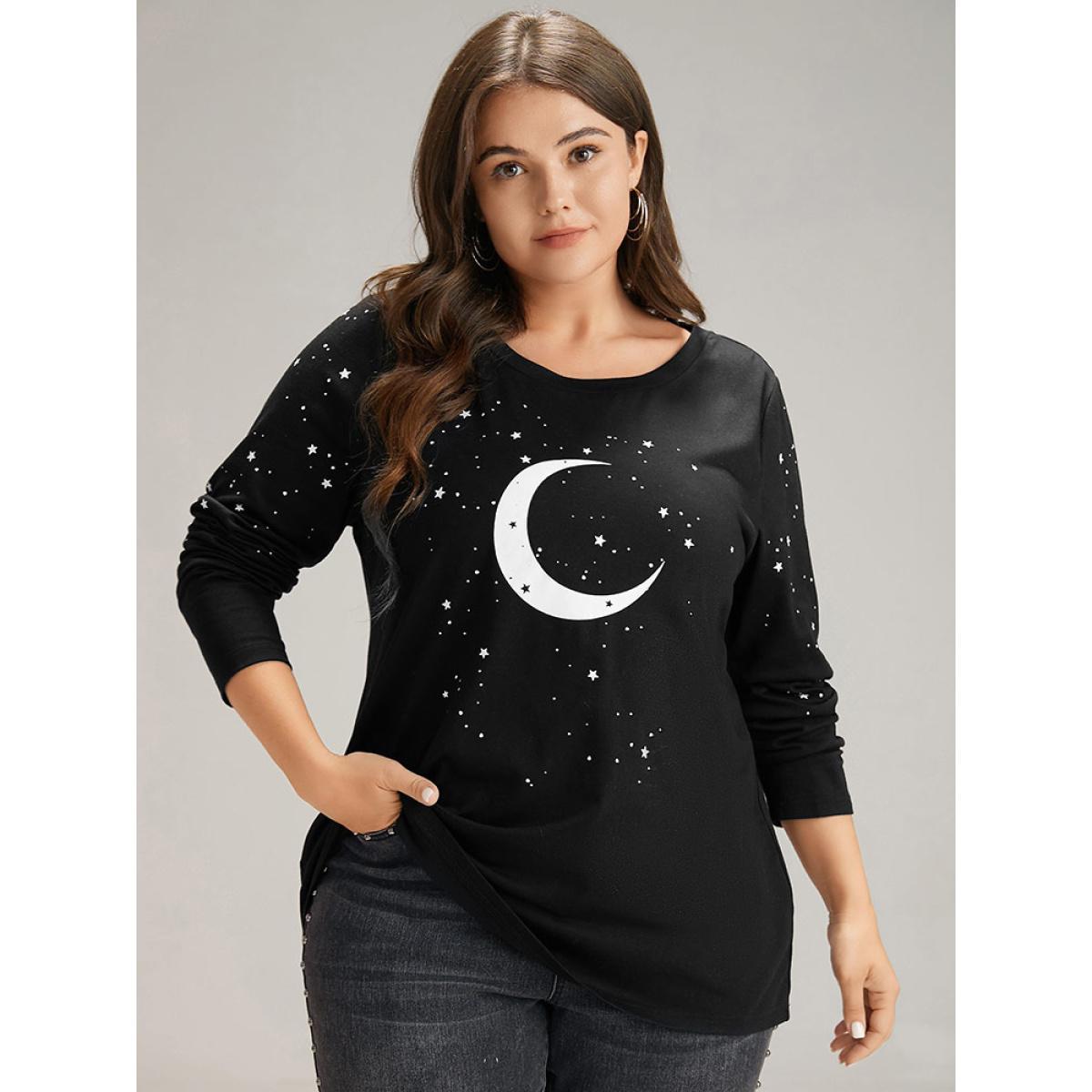 Plus Size Moon & Star Print Contrast T-shirt Black Women Casual Printed Star and moon Dailywear T-shirts BloomChic 14-16/1X Product Image