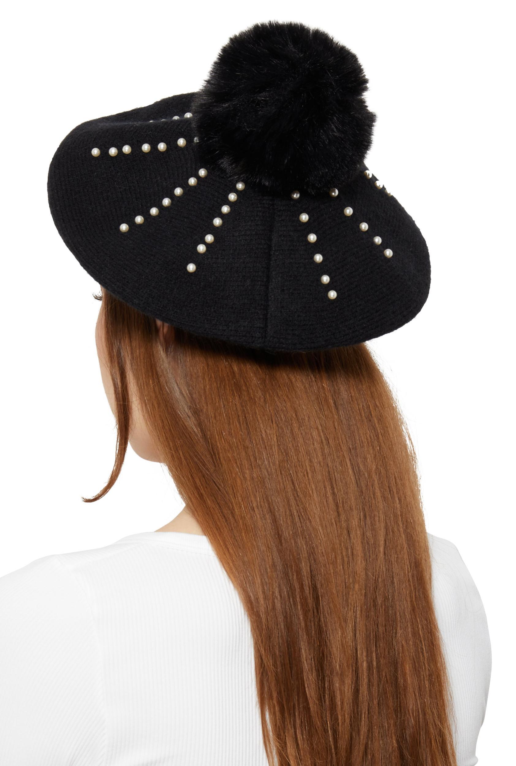 Faux Pearl Detail Pom Pom Beret Female Product Image