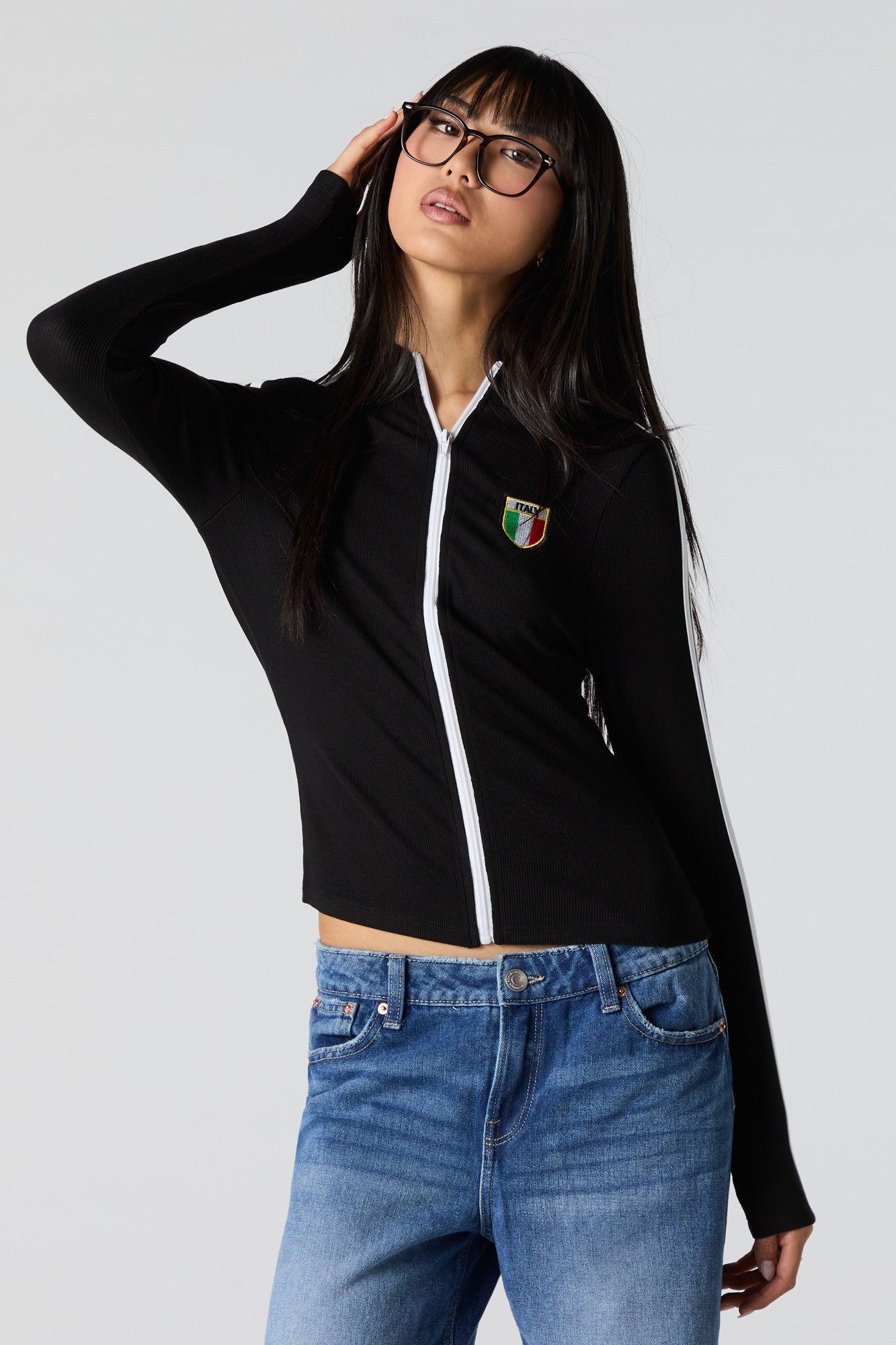 Embroidered Ribbed Zip-Up Sporty Top Female Product Image