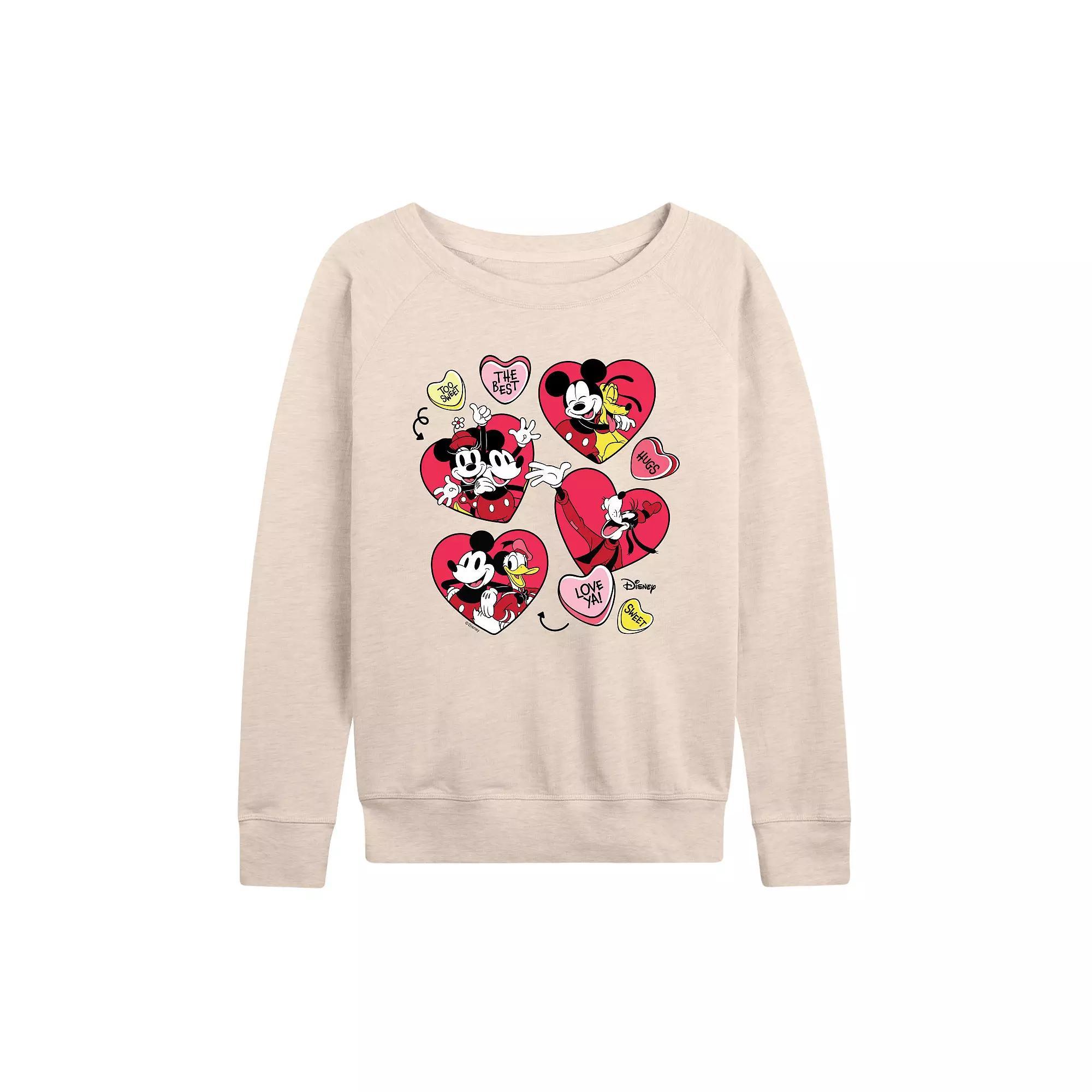 Disney's Mickey Mouse & Friends Women's Candy Hearts French Terry Long Sleeve Tee, Size: Large, Beige Product Image