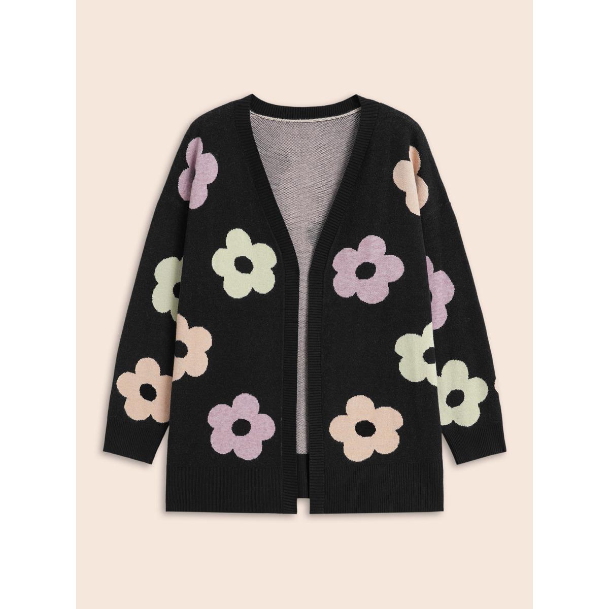 Plus Size Contrast Floral Drop Shoulder Cardigan Black Women Elegant Loose Long Sleeve Everyday Cardigans BloomChic 10/M Product Image