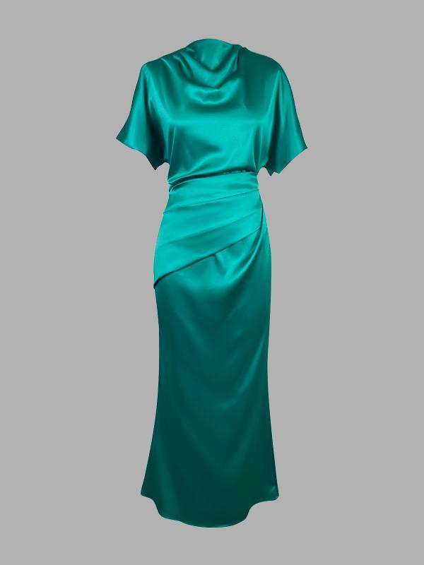 Loose Short Sleeves Pleated Solid Color Maxi Dresses Product Image