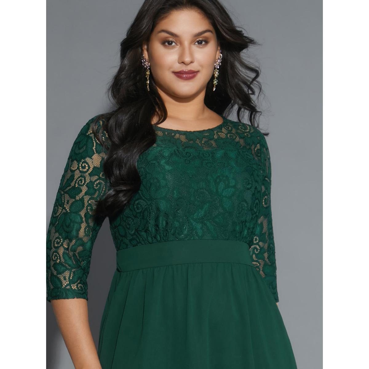 Plus Size Lace Patchwork Shirred Midi Pocket Dress DarkGreen Women Cocktail Woven ribbon&lace trim Round Neck Elbow-length sleeve Curvy BloomChic 14-16/1X Product Image