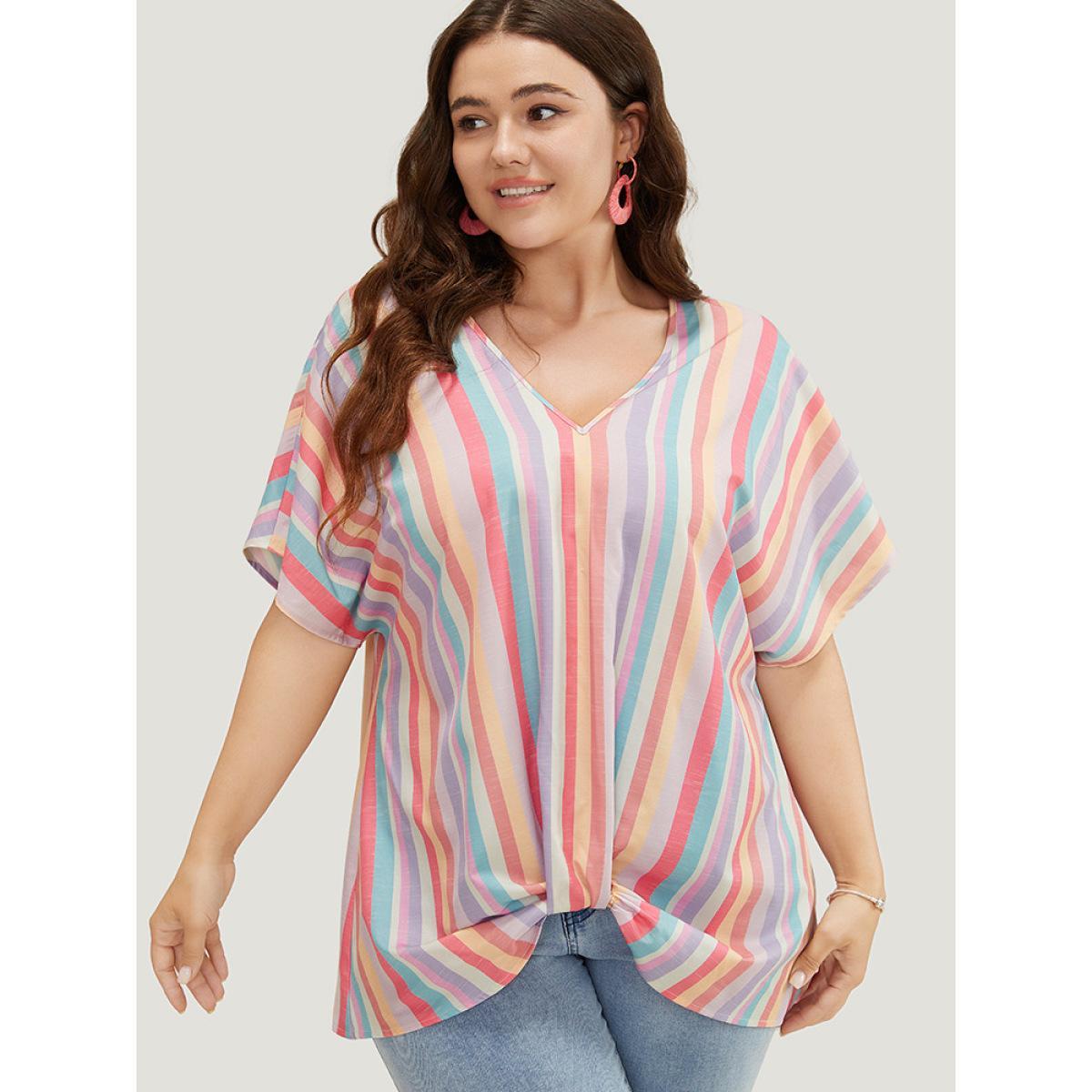 Plus Size Multicolor Rainbow Striped Batwing Sleeve Contrast Asymmetrical Hem Blouse Women Vacation Short sleeve V-neck Dailywear Blouses BloomChic 22-24/3X Product Image