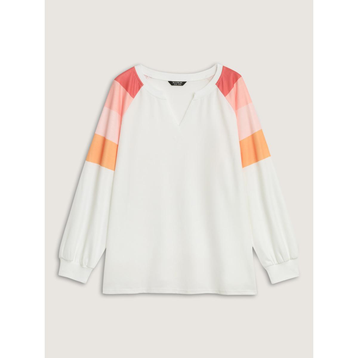 Plus Size Color Block Notched Collar Sweatshirt Women WhiteSmoke Contrast Flat collar with V-notch Everyday-Casual Sweatshirts BloomChic 22-24/3X Product Image