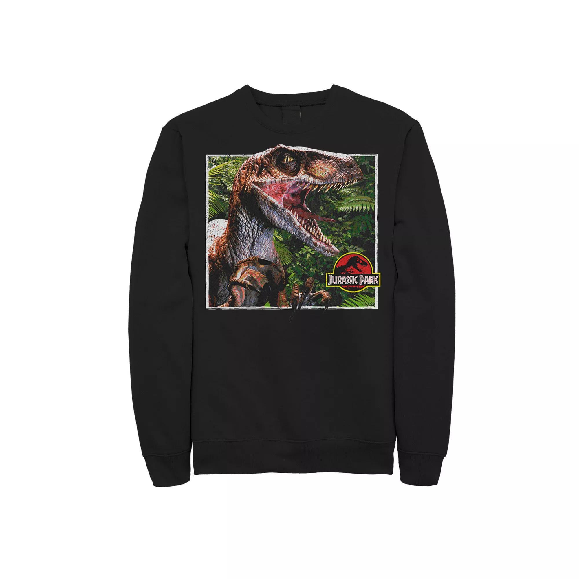 Men's Jurassic Park Raptor Coming Out Of Forest Graphic Fleece Pullover, Size: XL, Black Product Image