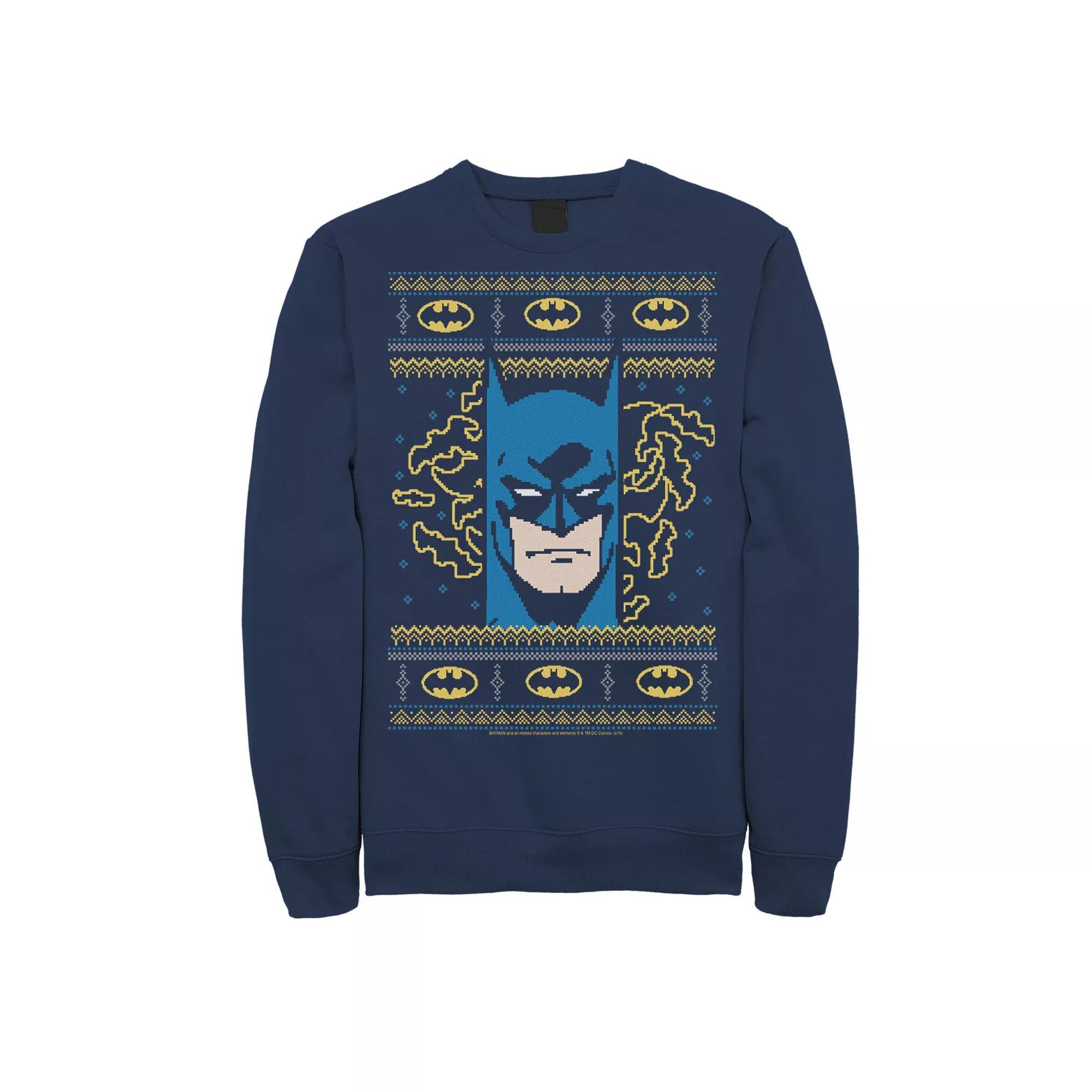 Men's DC Comics Batman Face Christmas Sweater Style Sweatshirt, Size: Medium, Grey Heather Product Image