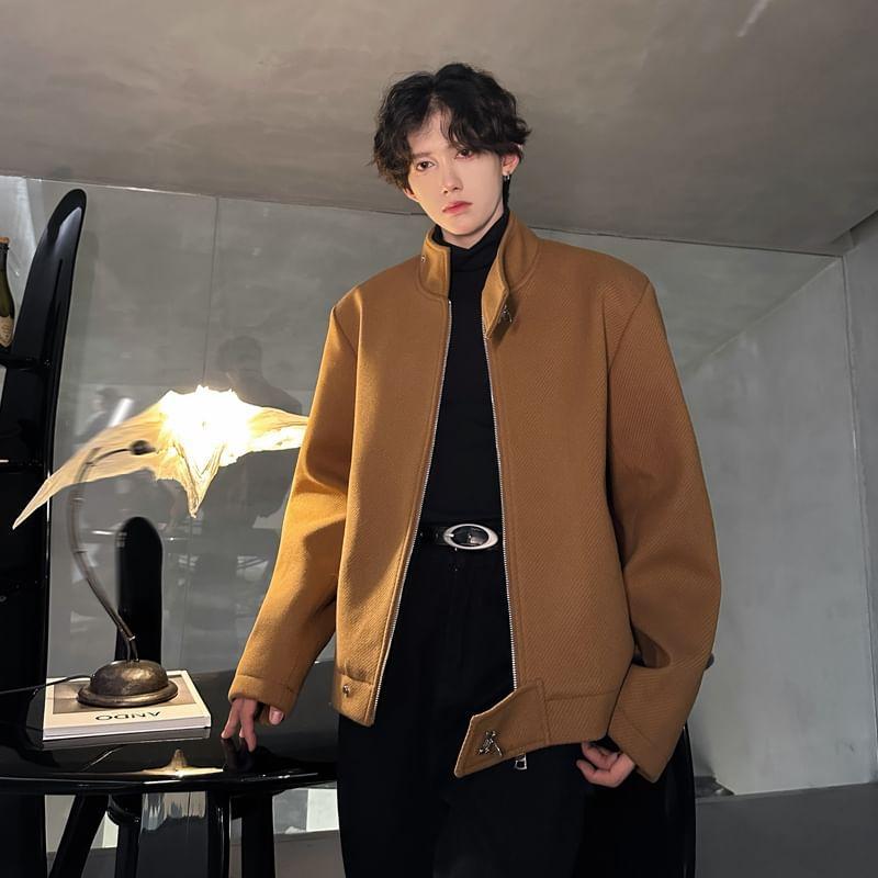 Stand Collar Plain Zip Jacket Product Image