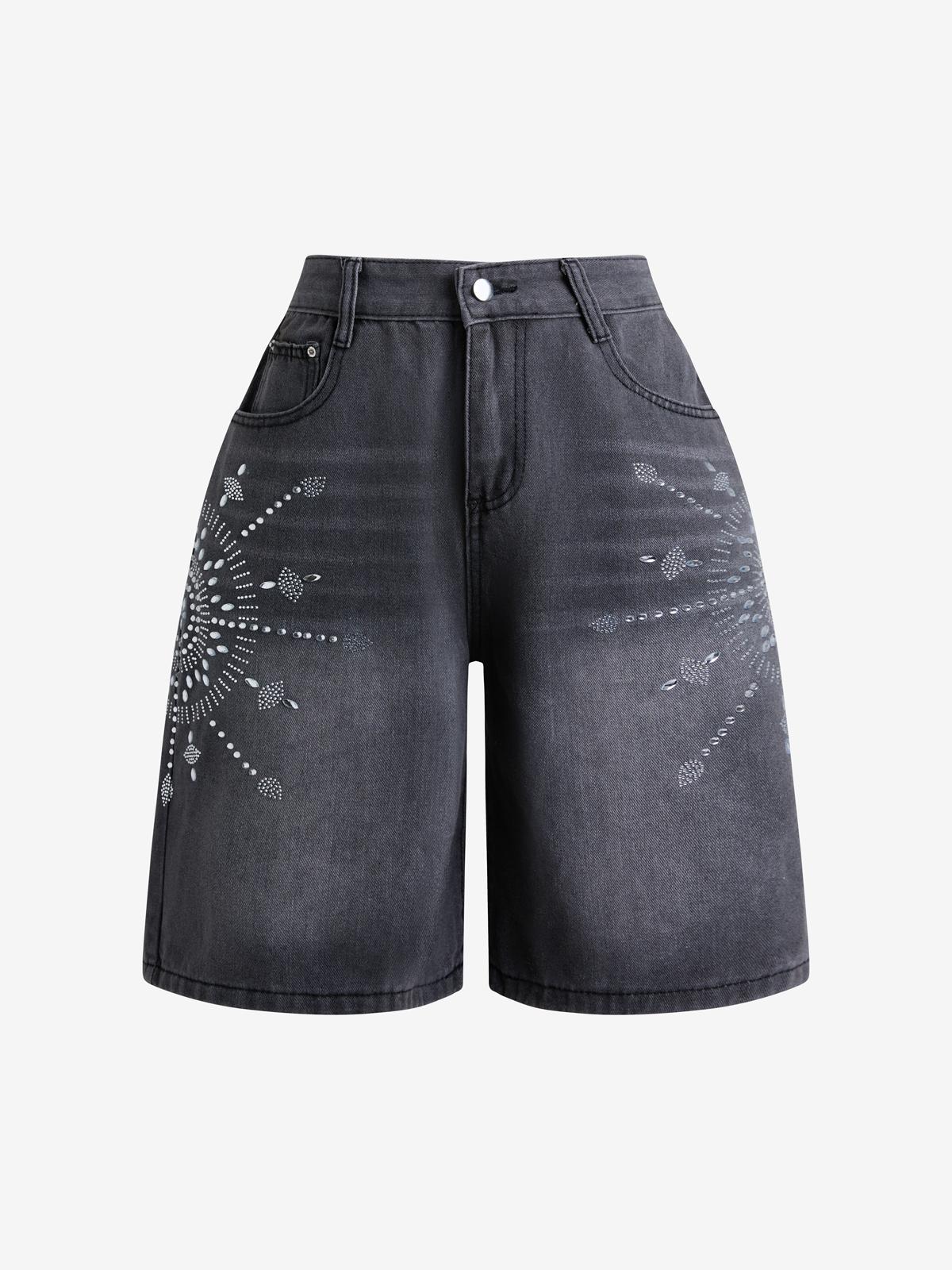 Diamond Design Straight Denim Shorts Product Image