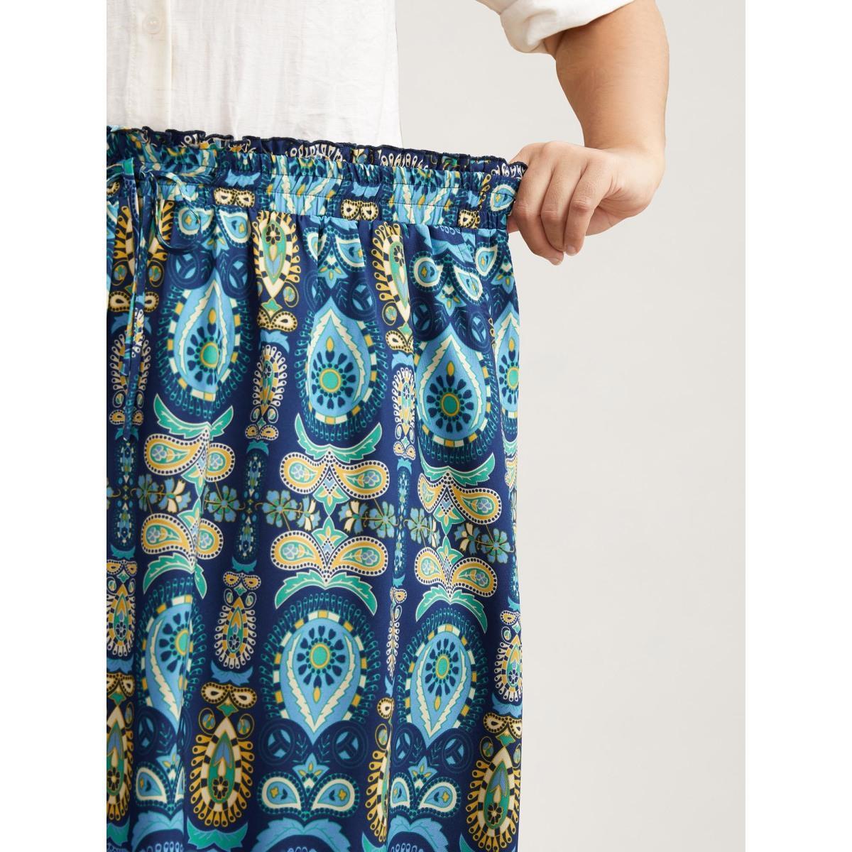 Plus Size Bohemian Floral Print Pleated Maxi Skirt Women Cerulean Resort Pleated Low stretch Slanted pocket Vacation Skirts BloomChic 10/M Product Image