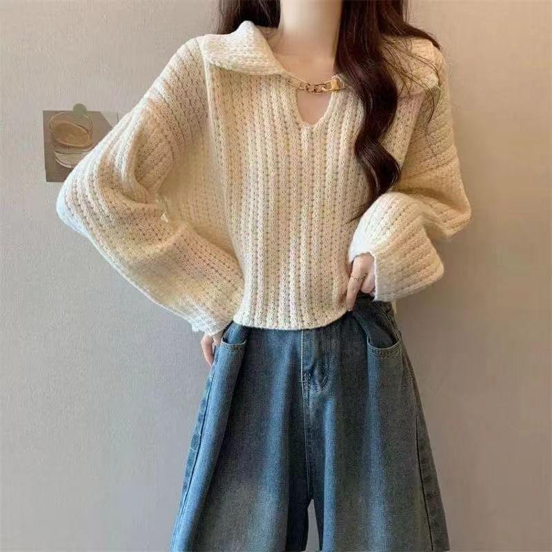 Collar Plain Cutout Chain Accent Sweater Product Image