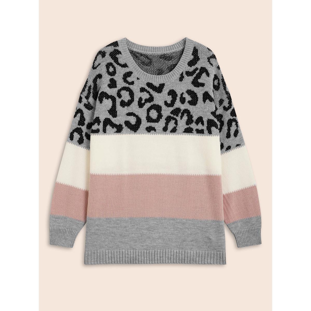 Plus Size Leopard Print Contrast Patchwork Pullover Mediumgray Women Casual Loose Long Sleeve Round Neck Everyday Pullovers BloomChic 30/6X Product Image