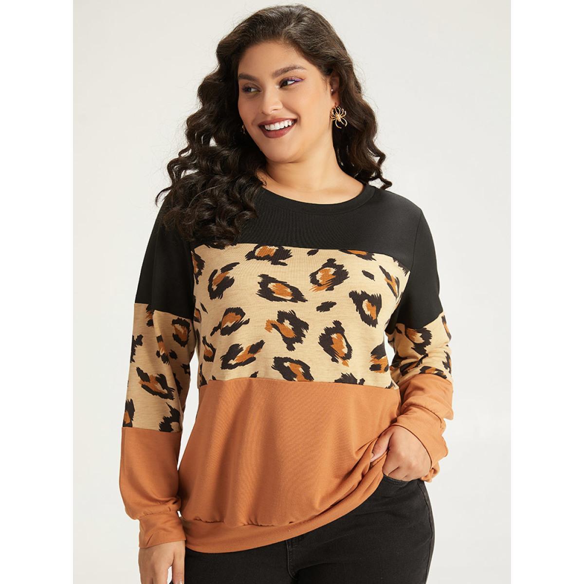 Plus Size Halloween Leopard Patchwork Contrast Sweatshirt Women Multicolor Casual Contrast Round Neck Festival-Halloween Sweatshirts BloomChic 22-24/3X Product Image