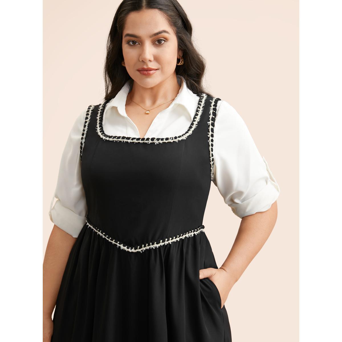 Plus Size Square Neck Contrast Webbing Dress Black Women Elegant Woven ribbon&lace trim Square Neck Sleeveless Curvy BloomChic 26/4X Product Image