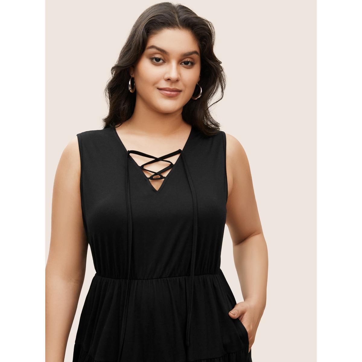 Plus Size Solid Ruffle Layered Hem Lace Up Dress Black Women Casual Tie knot V-neck Sleeveless Curvy Midi Dress BloomChic 28/5X Product Image