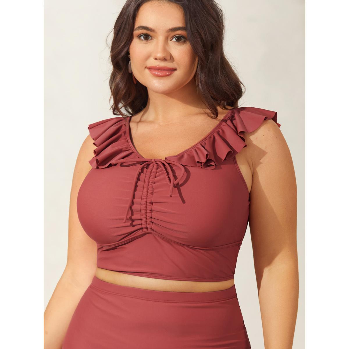 Plus Size Ruffled Drawstring Bodice Swim Top Women's Swimwear Rust Beach Drawstring High stretch Skinny V-neck Curve Swim Tops BloomChic 30/6X Product Image