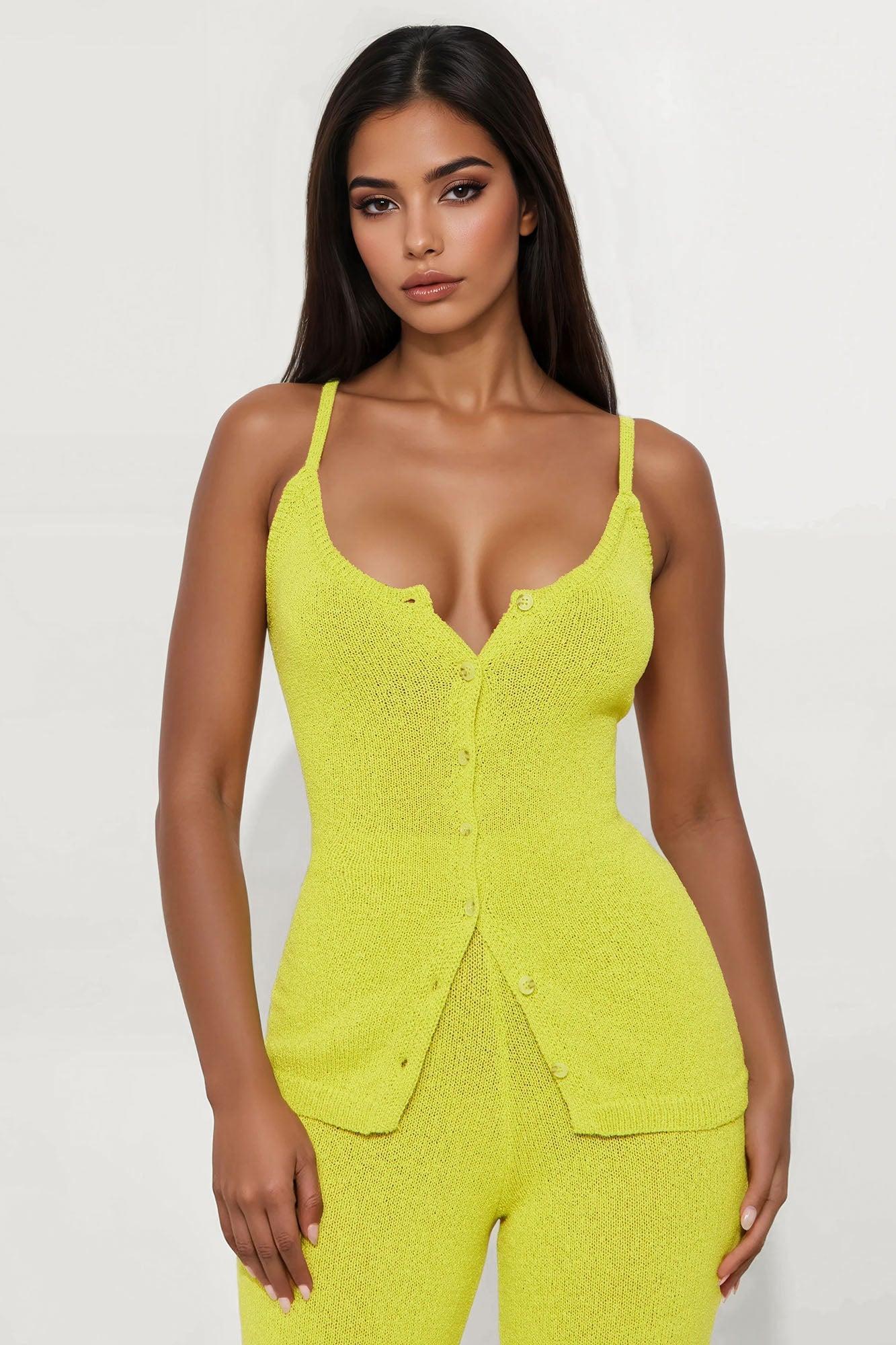 Bella Button Front Knit Pant Set - Chartreuse Product Image