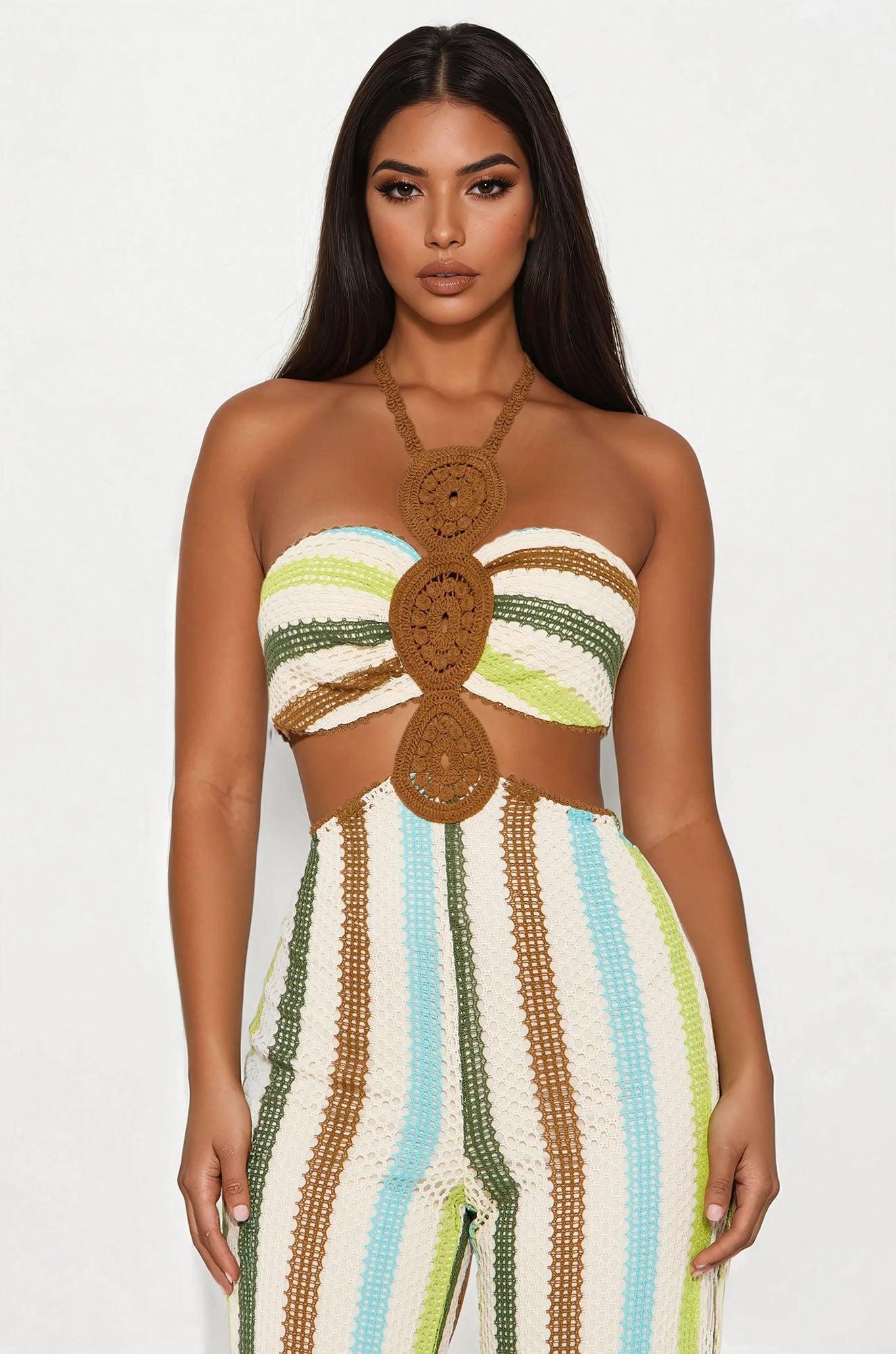 Island Getaway Crochet Halter Jumpsuit - Brown/combo Product Image