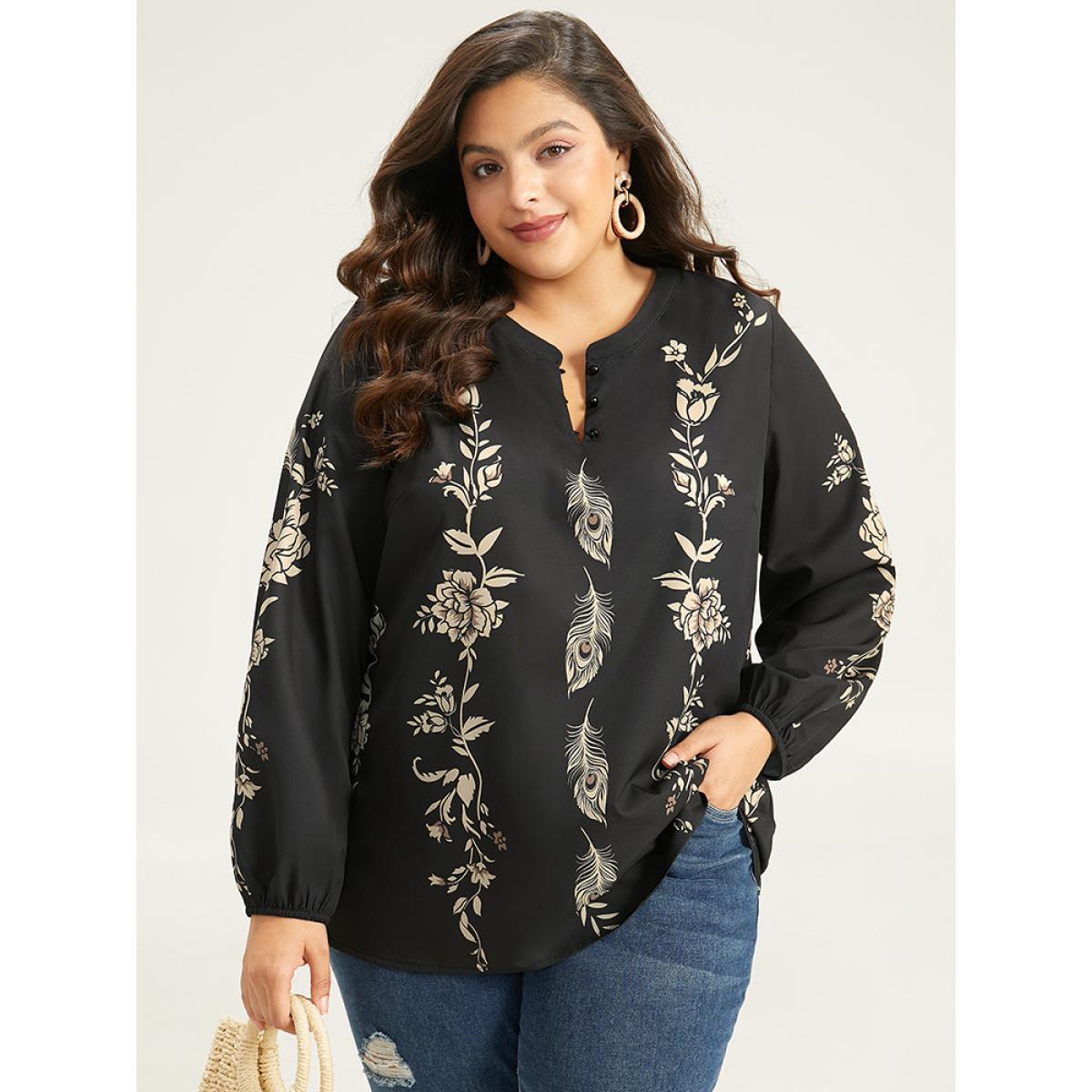 Plus Size Black Floral Print Button Up Lantern Sleeve Blouse Women Elegant Long Sleeve Round Neck Dailywear Blouses BloomChic 18-20/2X Product Image