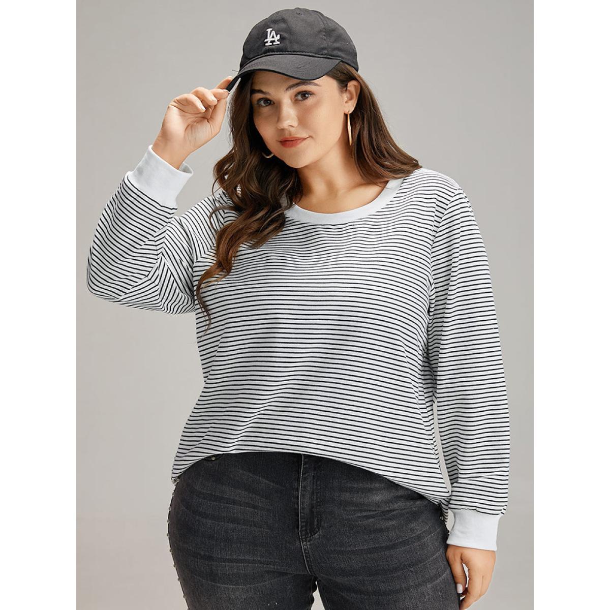 Plus Size Cotton Striped Striped Sweatshirt Women Indigo Casual Elastic cuffs Round Neck Everyday Sweatshirts BloomChic 12/L Product Image