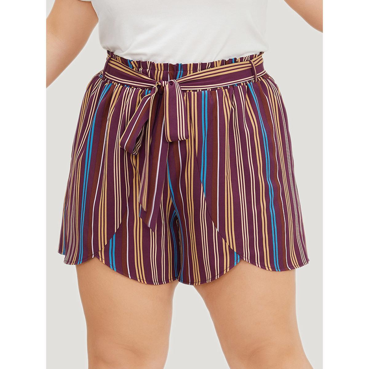 Plus Size Colour Striped Print Belted Wrap Hem Shorts Women Multicolor Vacation Cross straps Dailywear Shorts BloomChic 12/L Product Image