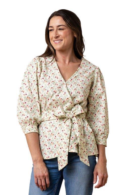 Hope & Henry Women's Puff Sleeve Wrap Top in Ivory And Navy Windowpane at Nordstrom, Size 4 Product Image