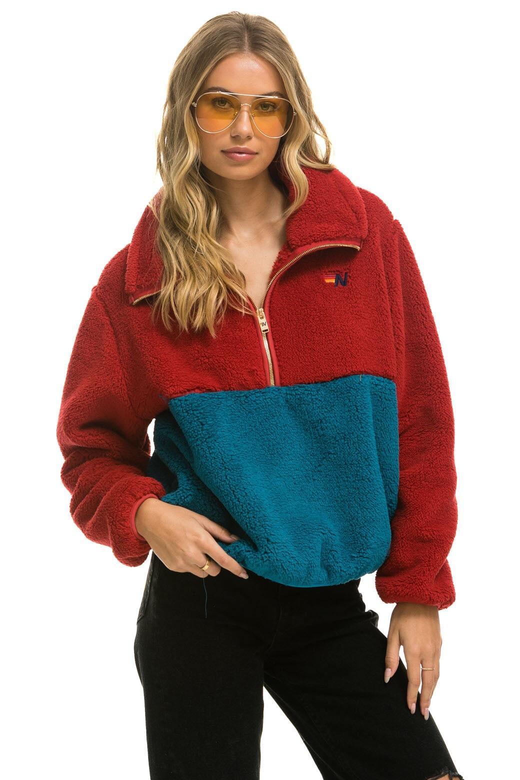 TEDDY APRES HALF ZIP COLOR BLOCK JACKET - CHERRY Female Product Image