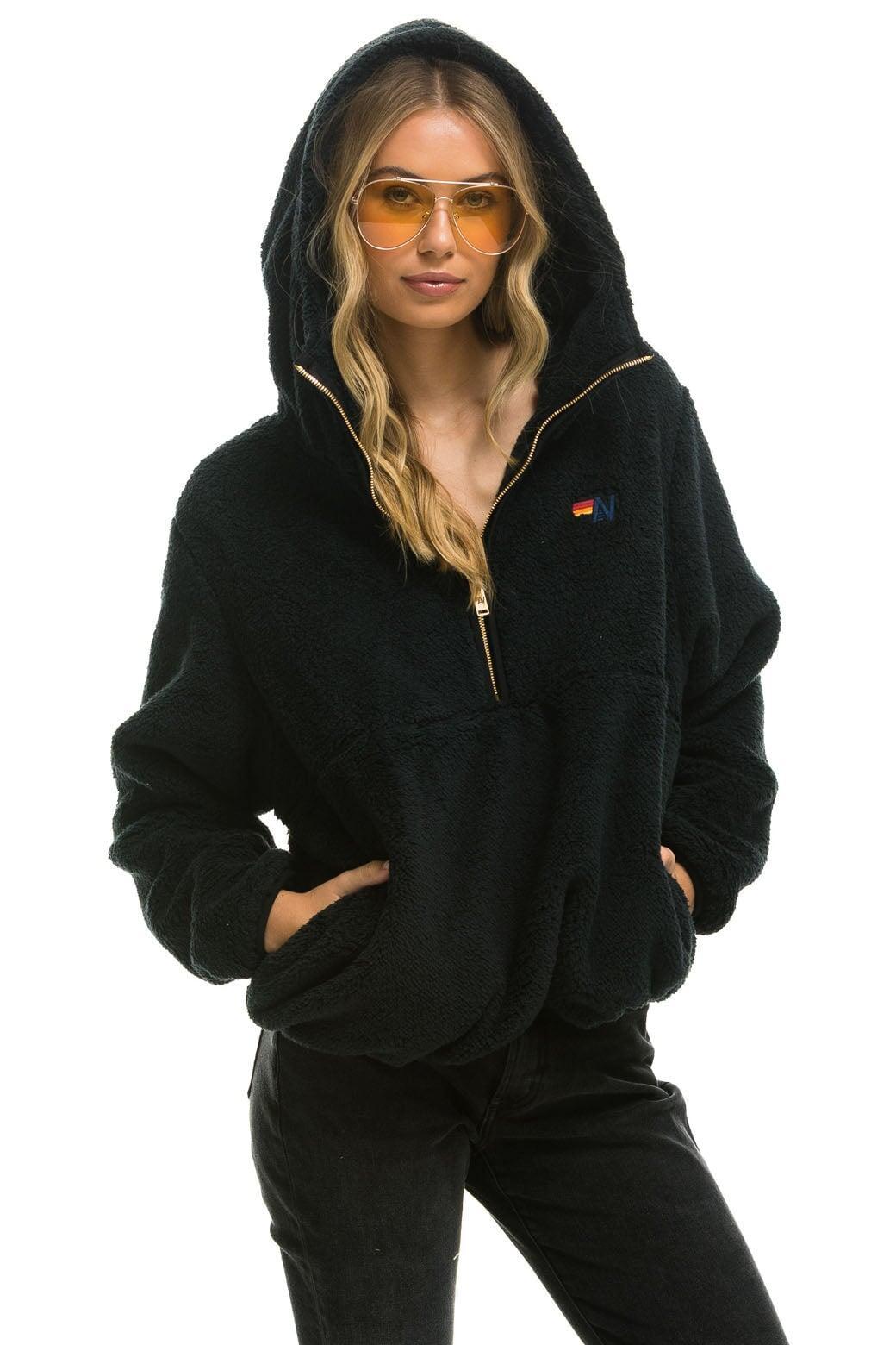 TEDDY UNISEX HOODED HALF ZIP JACKET - BLACK Unisex Product Image
