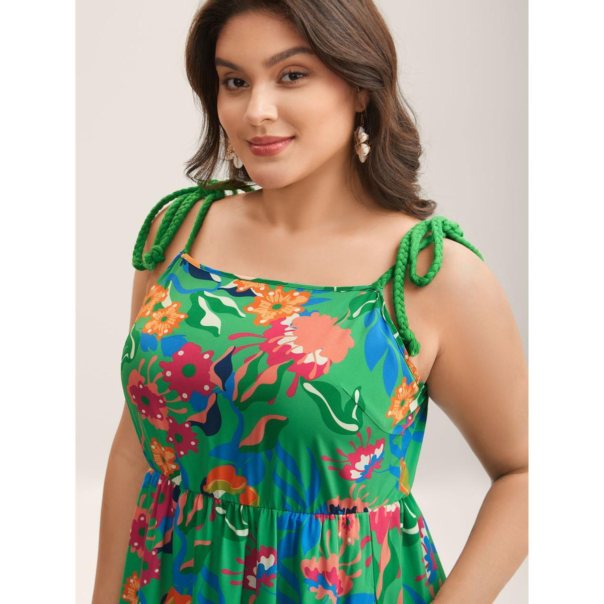 Plus Size Floral Print Braided Shoulder Straps Midi Dress Truegreen Women Non Sleeveless Curvy BloomChic 22-24/3X Product Image